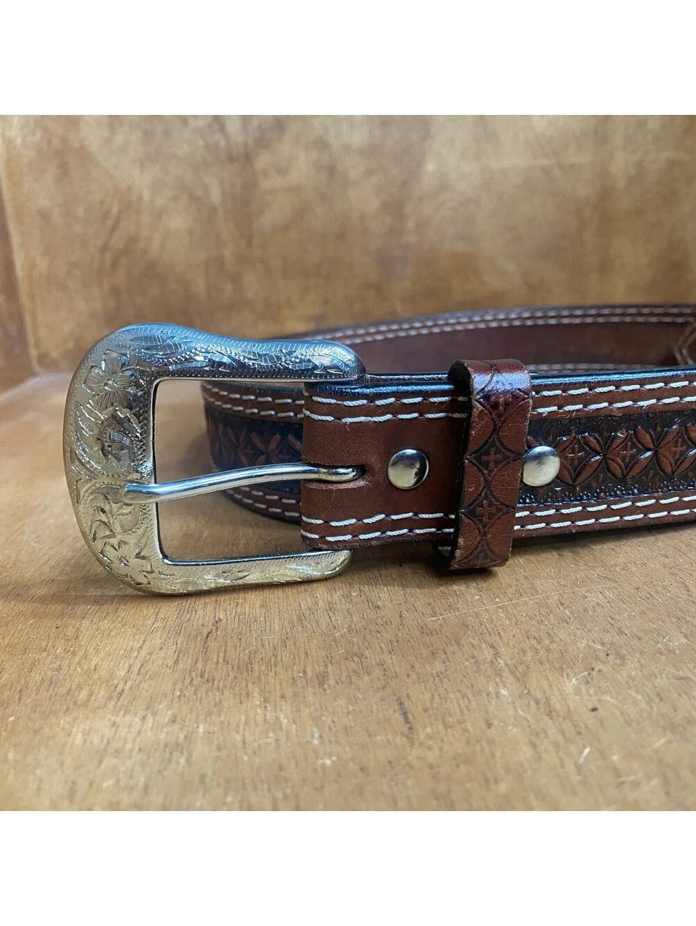 Ranger Belt Co Western Tooled Brown Leather 36 Silver Engraved Buckle Floral